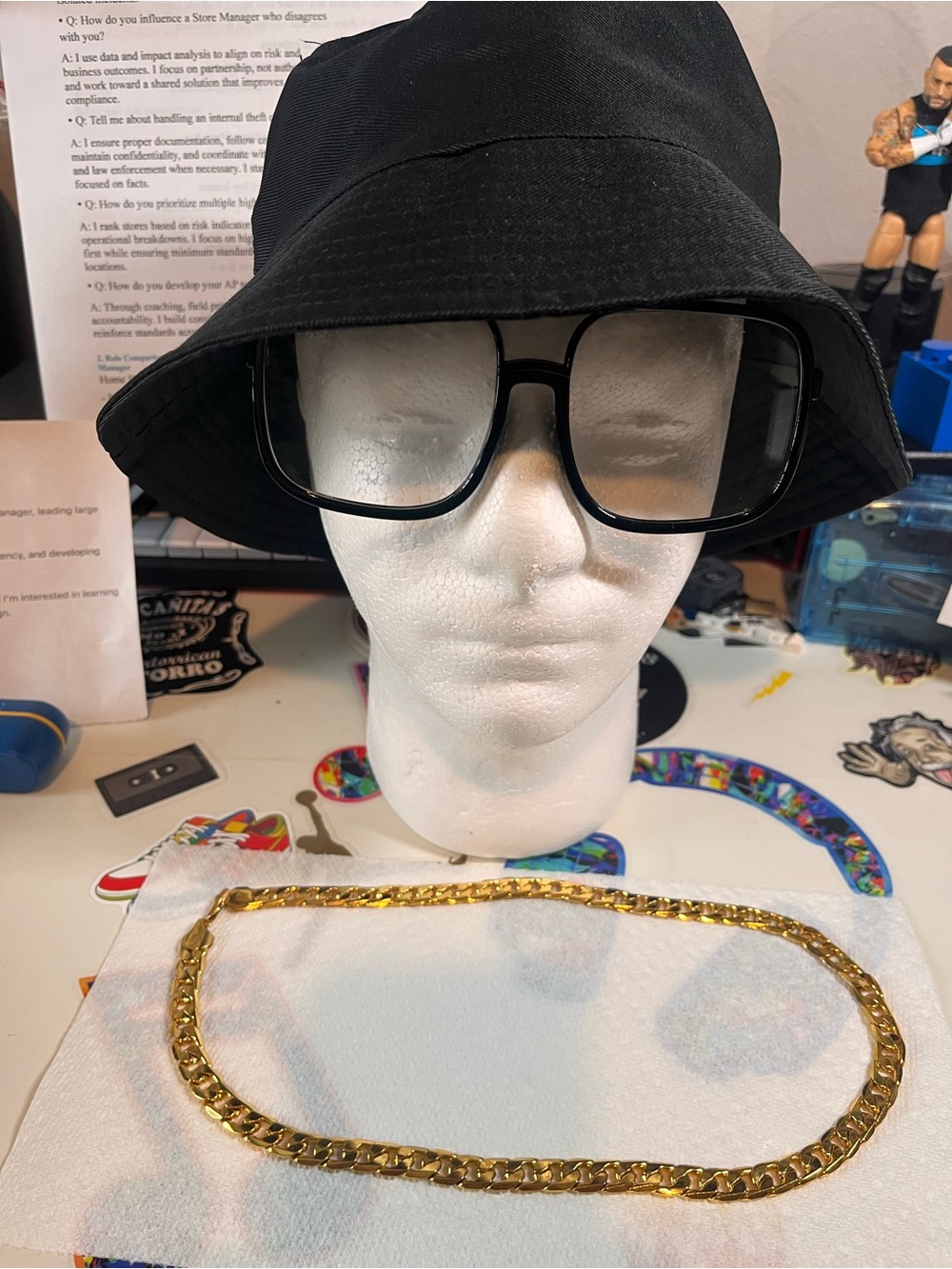 90s Hip-Hop Gold Chain Costume Kit (Bucket Hat + Sunglass + Gold Chain)